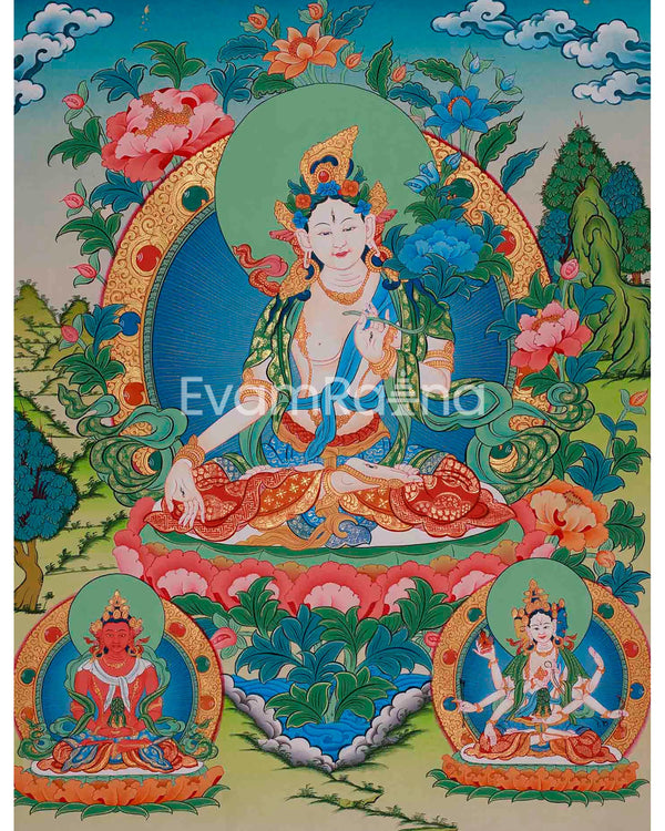 Original Hand-Painted White Tara and Namtose Thangka | Fine Quality Thangka Painting |