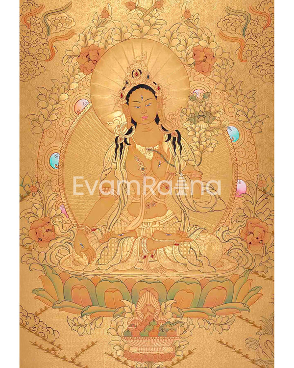 Beautifully Full Gold White Tara Thangka | Goddess Of Compassion and Healing |