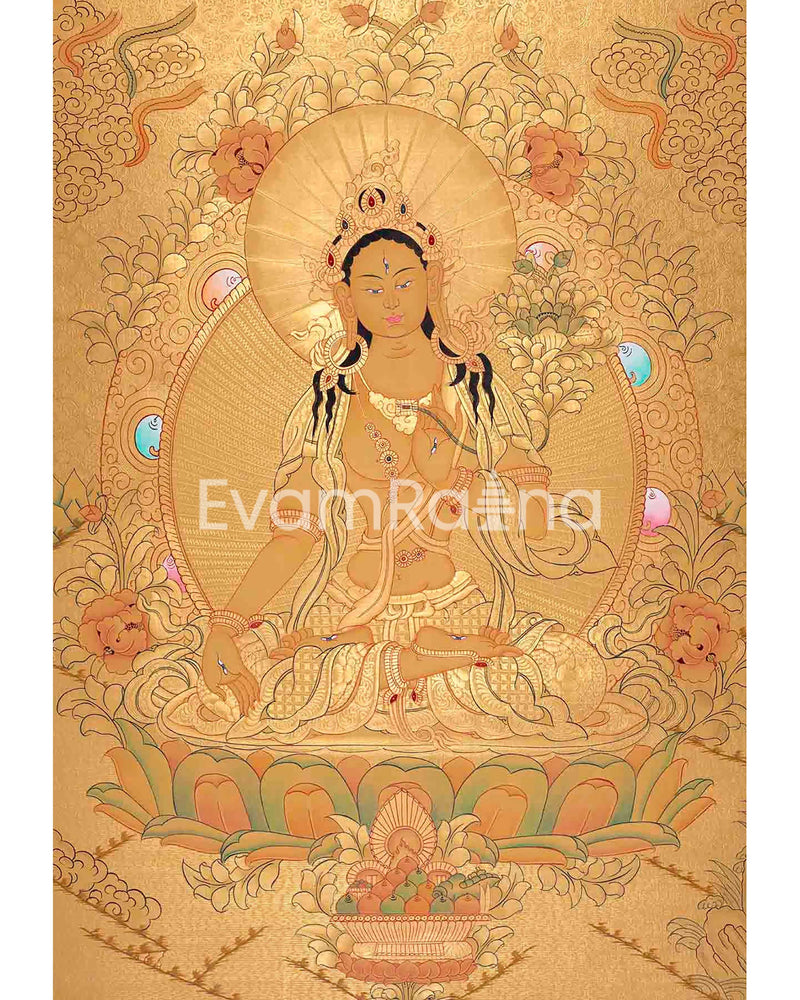 Beautifully Full Gold White Tara Thangka | Goddess Of Compassion and Healing |