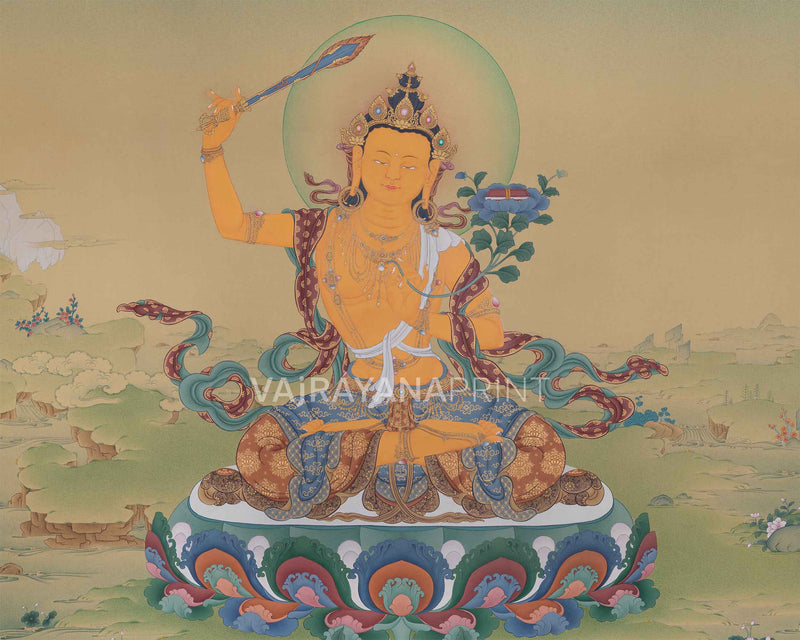 Wisdom Deity Manjushri Canvas Print | Manjushri Thangka Print for Enlightenment | Buddhist Home Decor