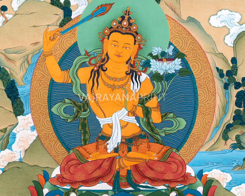 Manjushri : The Bodhisattva of Wisdom Thangka Print | Tibetan Buddhism Altar Art Print | Himalayan Art