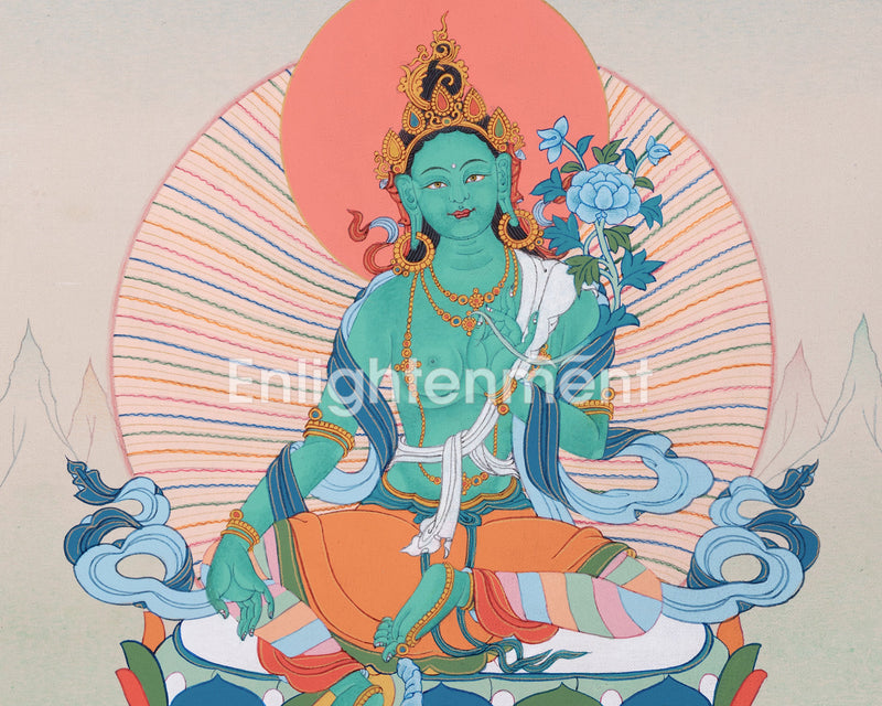 Hand Painted Thangka Of Green Tara | Traditional Tibetan Art Symbolizing Compassion and Swift Aid