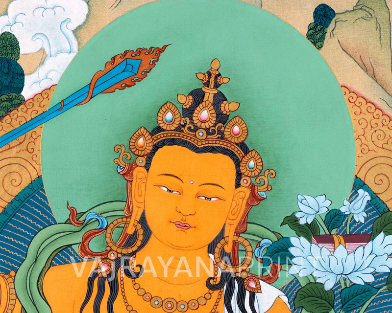 Manjushri : The Bodhisattva of Wisdom Thangka Print | Tibetan Buddhism Altar Art Print | Himalayan Art