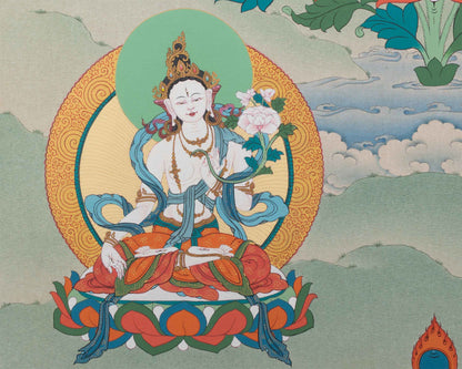 Amitayus With White Tara and Namgyalma Thanka Print | Bodhisattva Canvas Print | Tibetan Buddhism Art