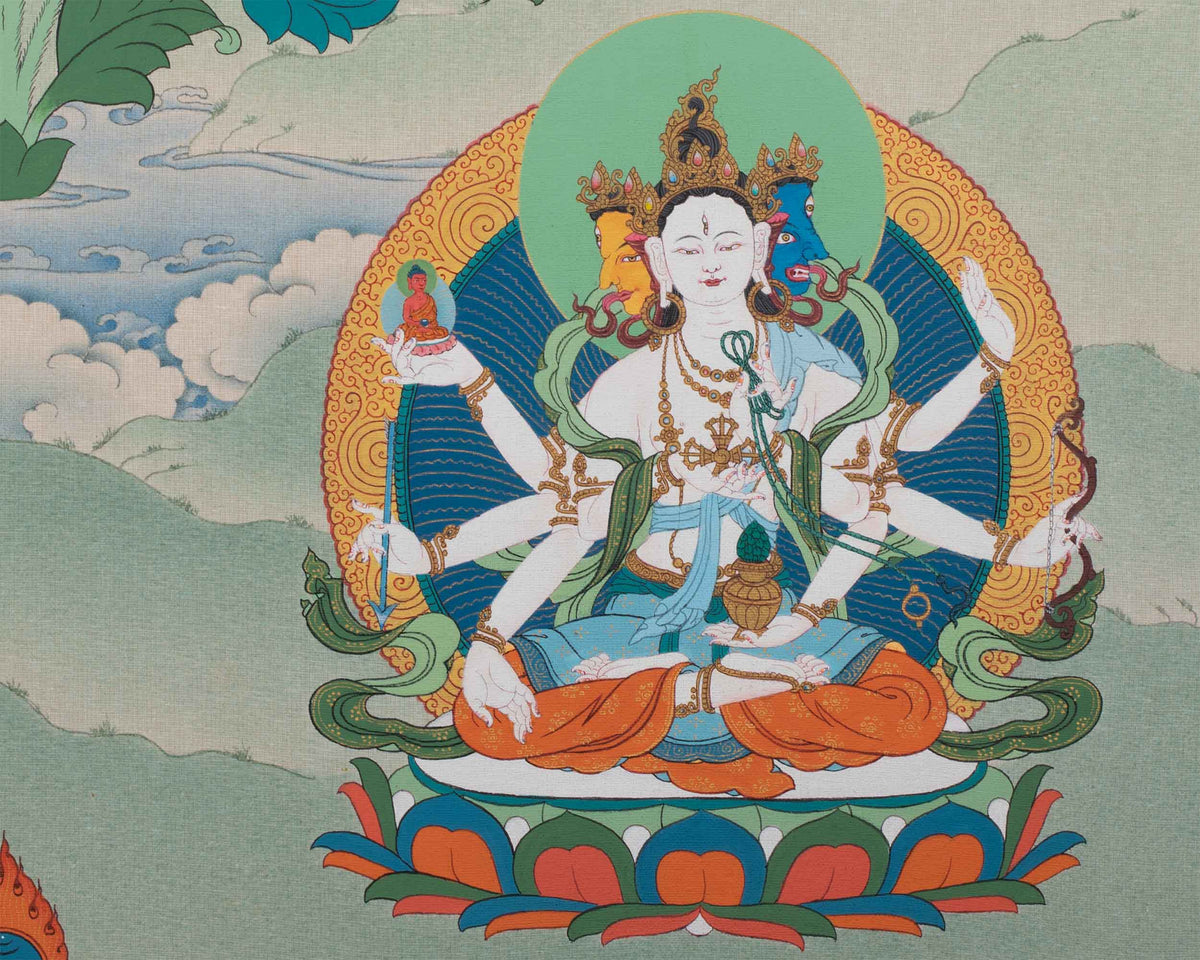 Amitayus With White Tara and Namgyalma Thanka Print | Bodhisattva Canvas Print | Tibetan Buddhism Art
