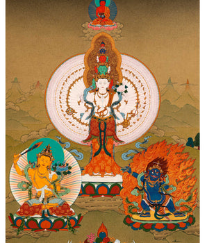 Traditional Chenrezig Avalokiteshvara Thangka | 1000 Armed Chenreizg with Manjushri and Vajrapani