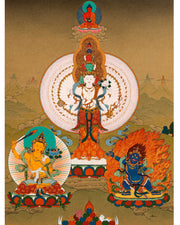 Traditional Chenrezig Avalokiteshvara Thangka | 1000 Armed Chenreizg with Manjushri and Vajrapani