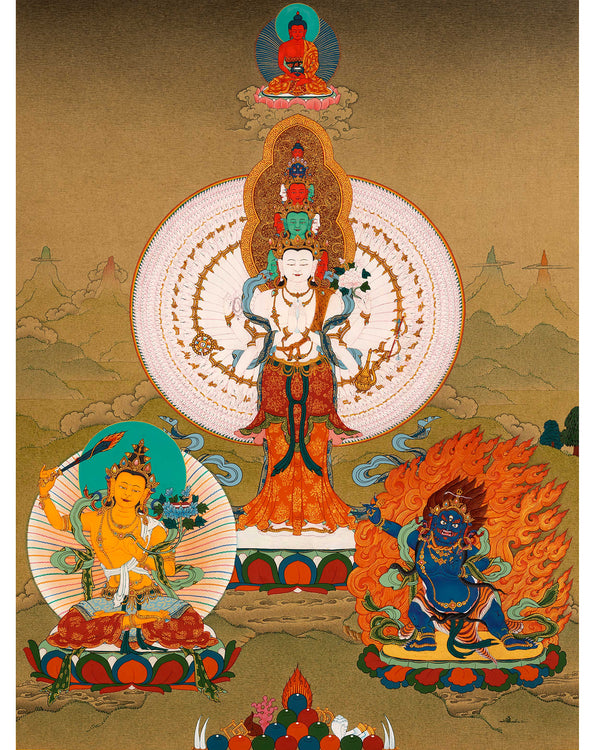 Traditional Chenrezig Avalokiteshvara Thangka | 1000 Armed Chenreizg with Manjushri and Vajrapani