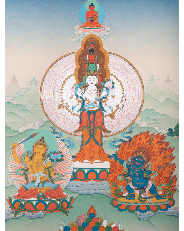 1000 Armed Chenrezig With Manjushri, Vajrapani and Amitabha | Thangka Print