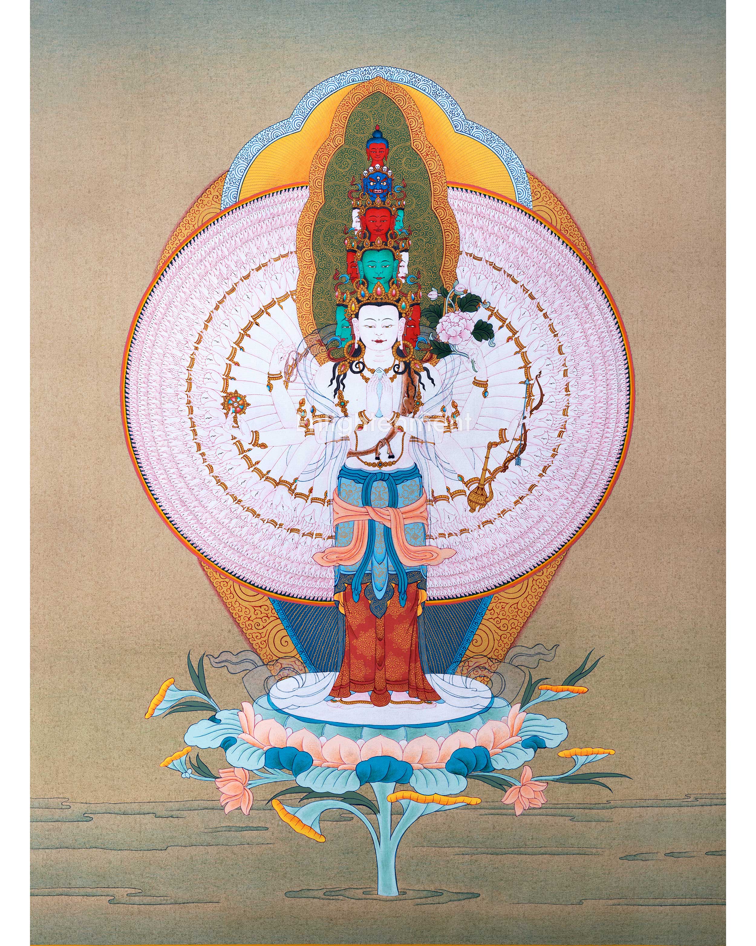 1000 Armed Chenrezig Practice Thangka On Cotton Canvas Using Acrylic Colors | Sacred Art for Daily Practice