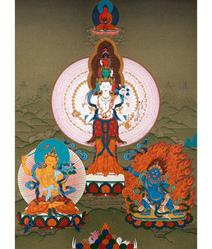 Avalokiteshvara, Manjushri & Vajrapani Thangka, 1000 Armed Chenrezig, Tibetan Buddhist Art