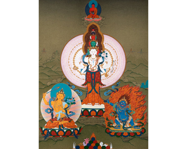 Avalokiteshvara, Manjushri & Vajrapani Thangka, 1000 Armed Chenrezig, Tibetan Buddhist Art