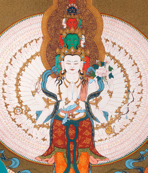 Avalokiteshvara, Manjushri & Vajrapani Thangka (includes Brocade) , 1000 Armed Chenrezig, Tibetan Buddhist Art