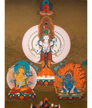 Avalokiteshvara, Manjushri & Vajrapani Thangka (includes Brocade) , 1000 Armed Chenrezig, Tibetan Buddhist Art