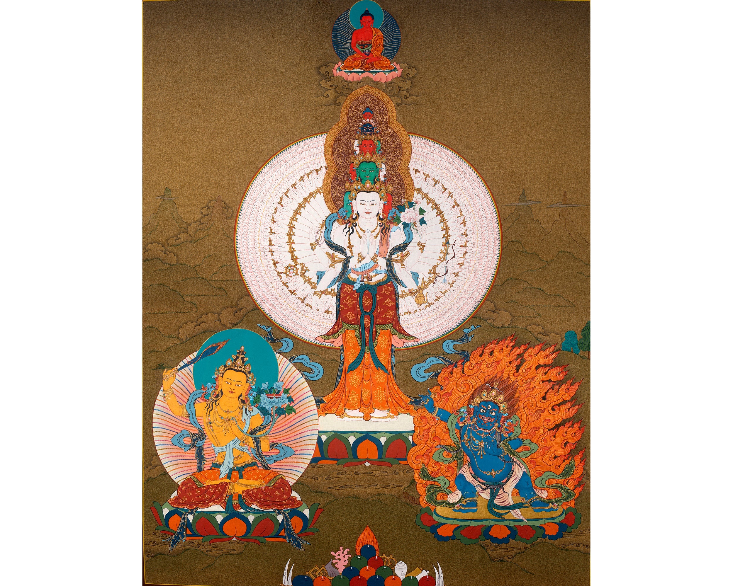 Avalokiteshvara, Manjushri & Vajrapani Thangka (includes Brocade) , 1000 Armed Chenrezig, Tibetan Buddhist Art