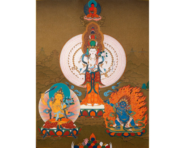 Avalokiteshvara, Manjushri & Vajrapani Thangka (includes Brocade) , 1000 Armed Chenrezig, Tibetan Buddhist Art