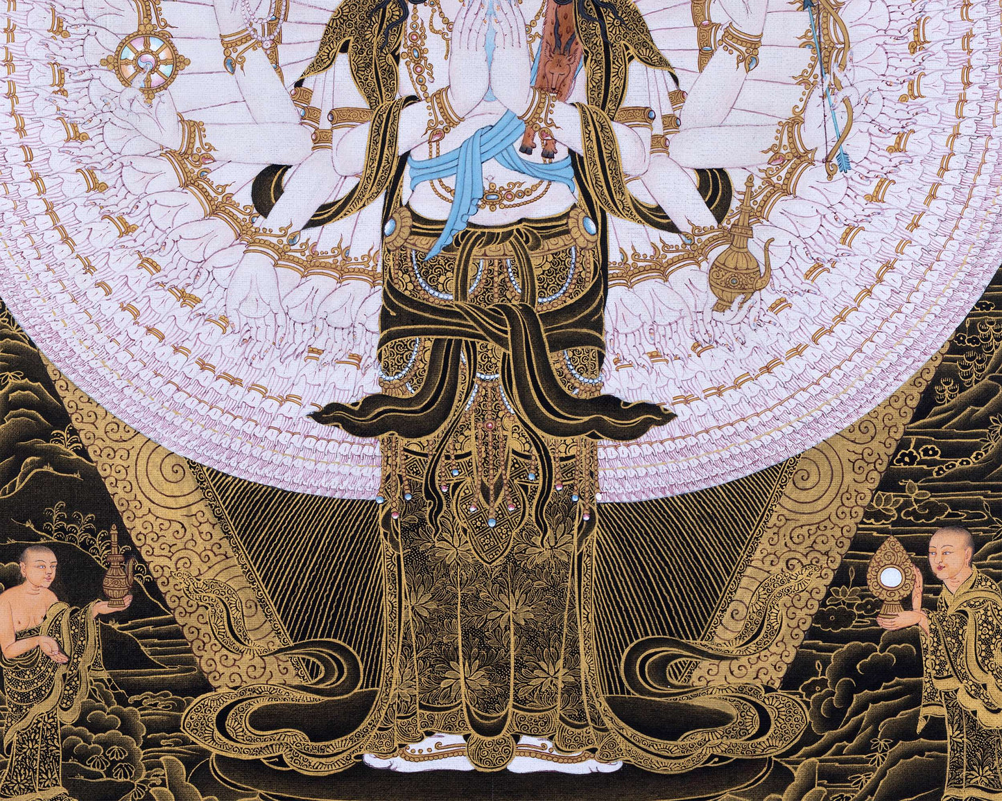 1000 Armed Chenrezig With Guru Rinpoche And Others | Tibetan Thangka Painting