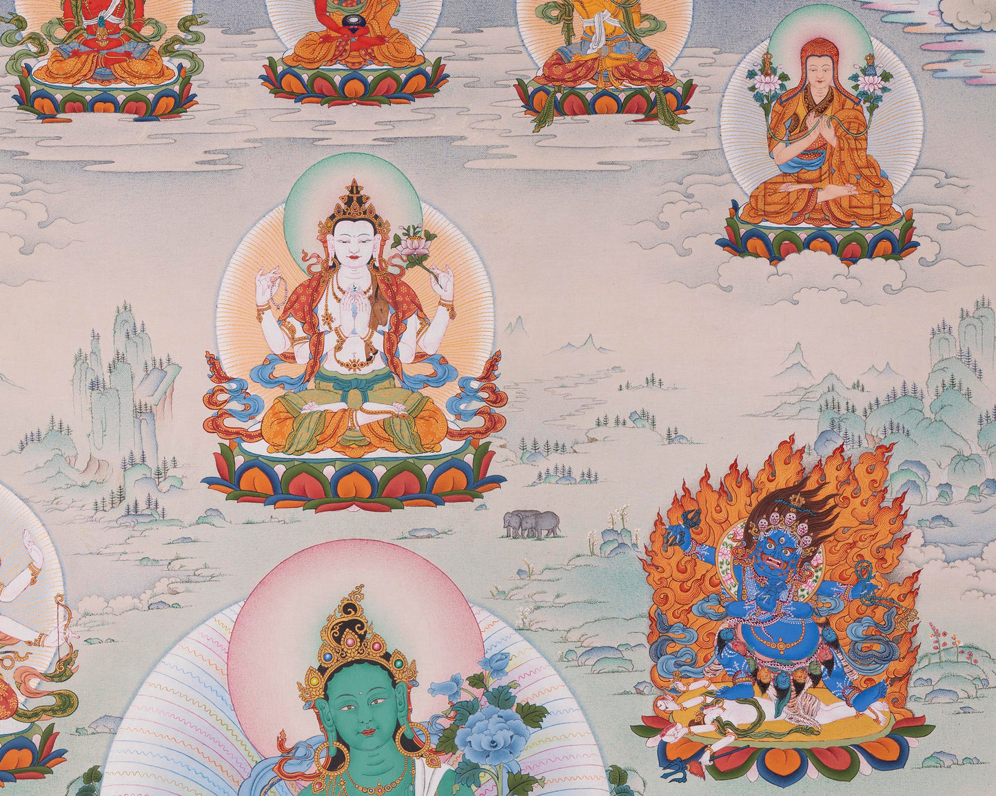 Green Tara with Buddhas and Bodhisattvas | Traditional Tibetan Thangka Print