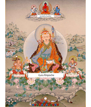 Padmasambhava Painting | Guru Rinpoche with Consorts and Amitabha Buddha