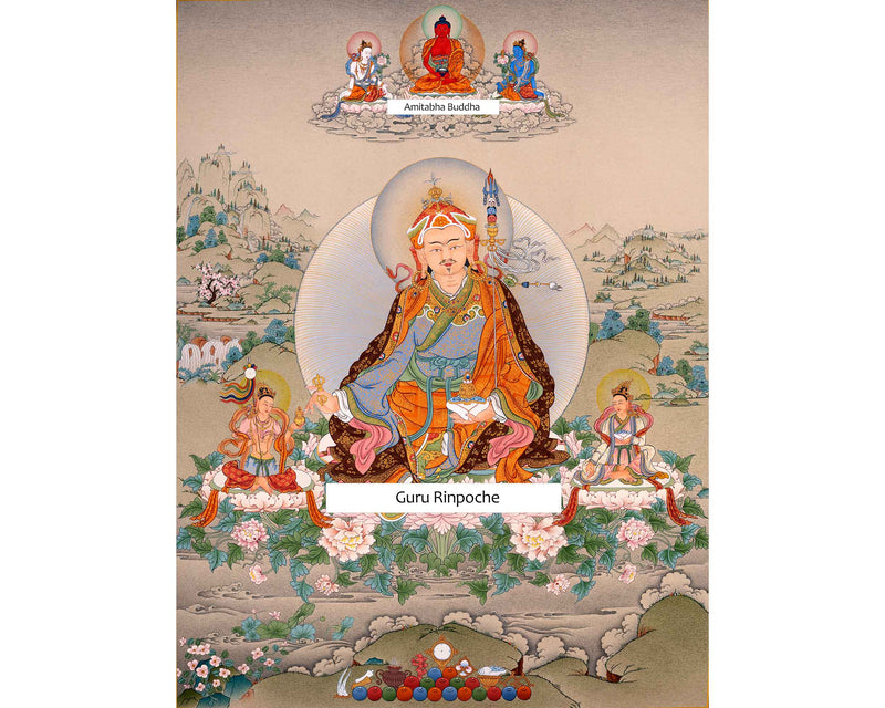 Padmasambhava Painting | Guru Rinpoche with Consorts and Amitabha Buddha