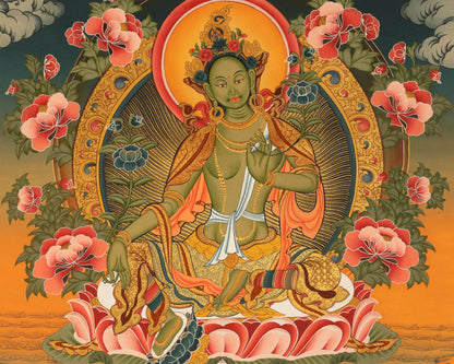 Green Tara Thangka | Female Bodhisattva Wall hanging Painting