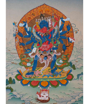 12 Armed Chakrasamvara- Vajravarahi, Tibetan Thangka Painting in Natural Stone Colors
