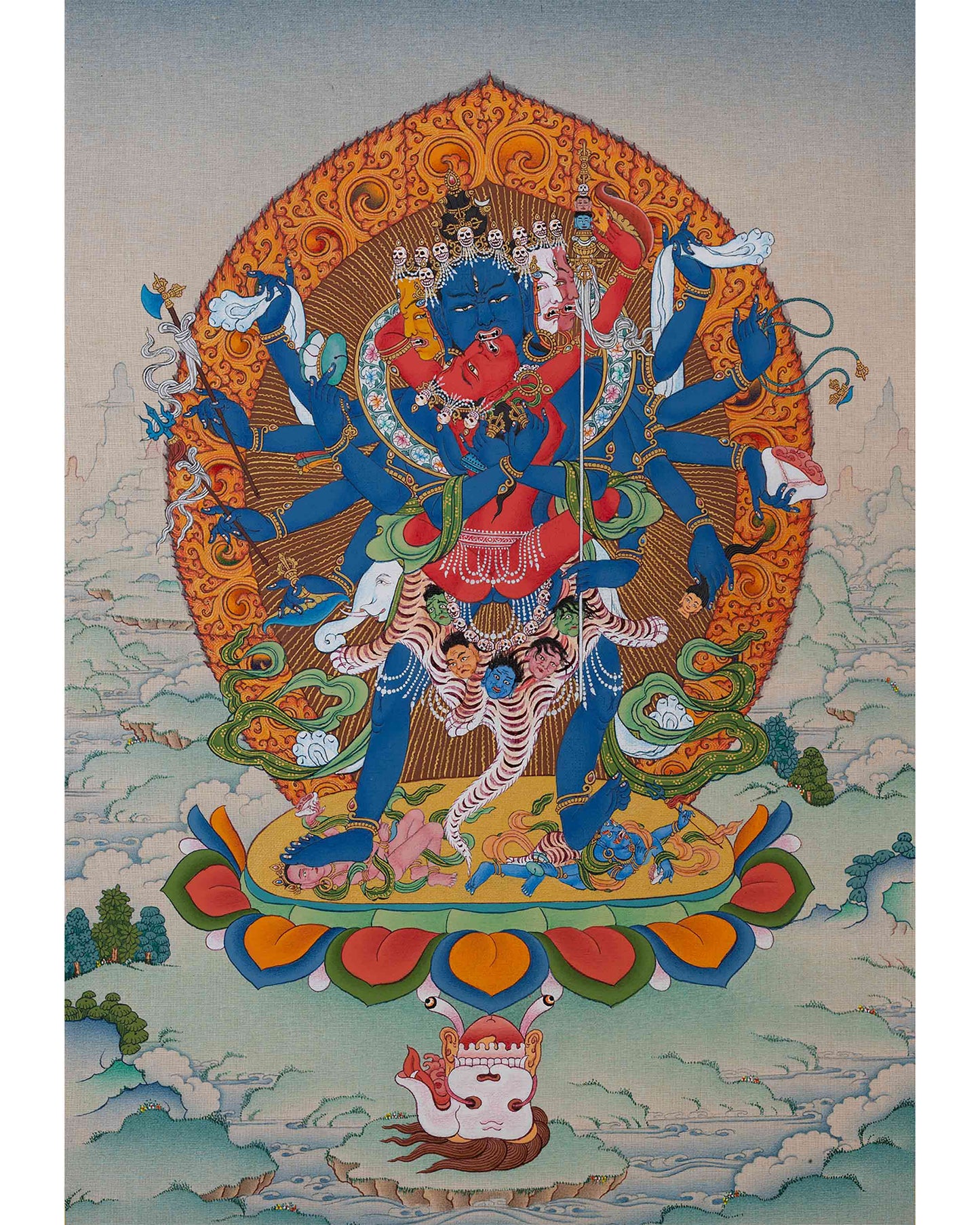 12 Armed Chakrasamvara- Vajravarahi, Tibetan Thangka Painting in Natural Stone Colors