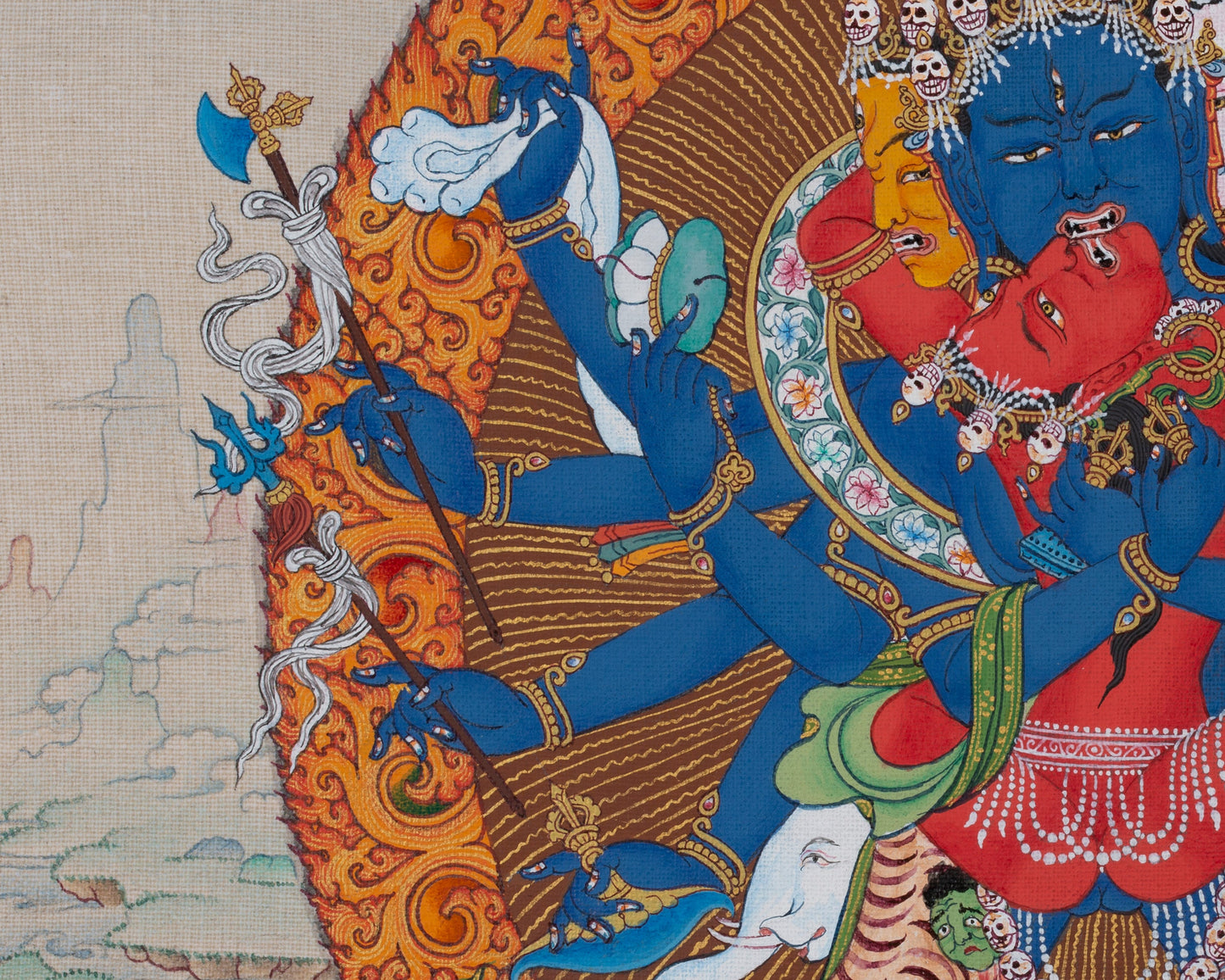 12 Armed Chakrasamvara- Vajravarahi, Tibetan Thangka Painting in Natural Stone Colors