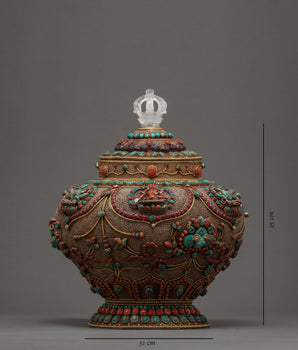 Vintage Rice Offering Bowl | Filigree Inlays Original Gemstones | Tibetan Antiques