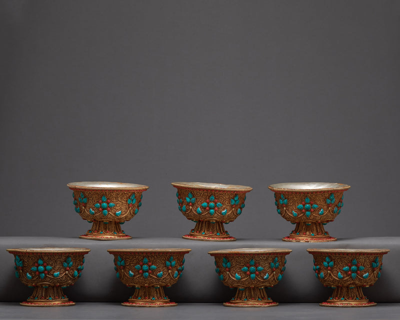 Seven Offering Bowls | Tibetan Copper Bowls with Filigree Carving |Buddhist Altar Offerings