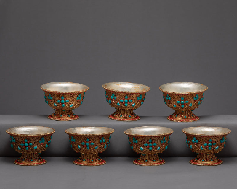 Seven Offering Bowls | Tibetan Copper Bowls with Filigree Carving |Buddhist Altar Offerings