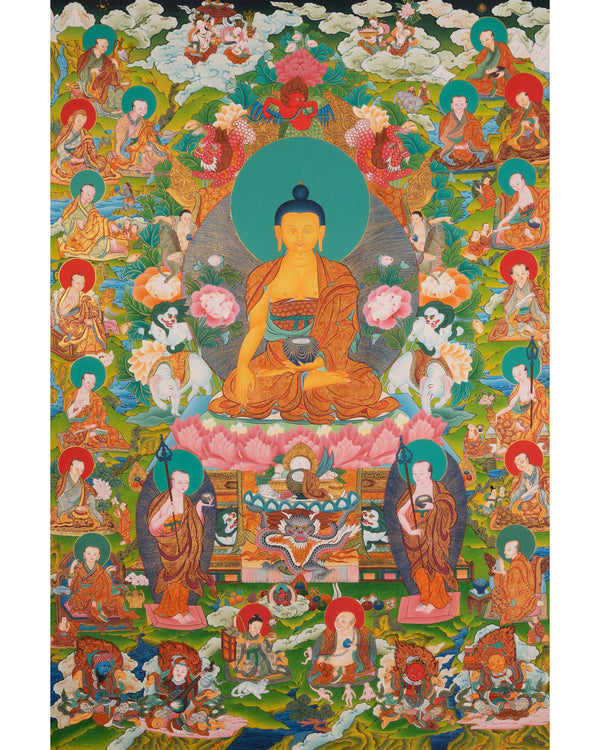 Shakyamuni Buddha 16 Arhats Thangka Painting | Sacred Art for Daily Practice