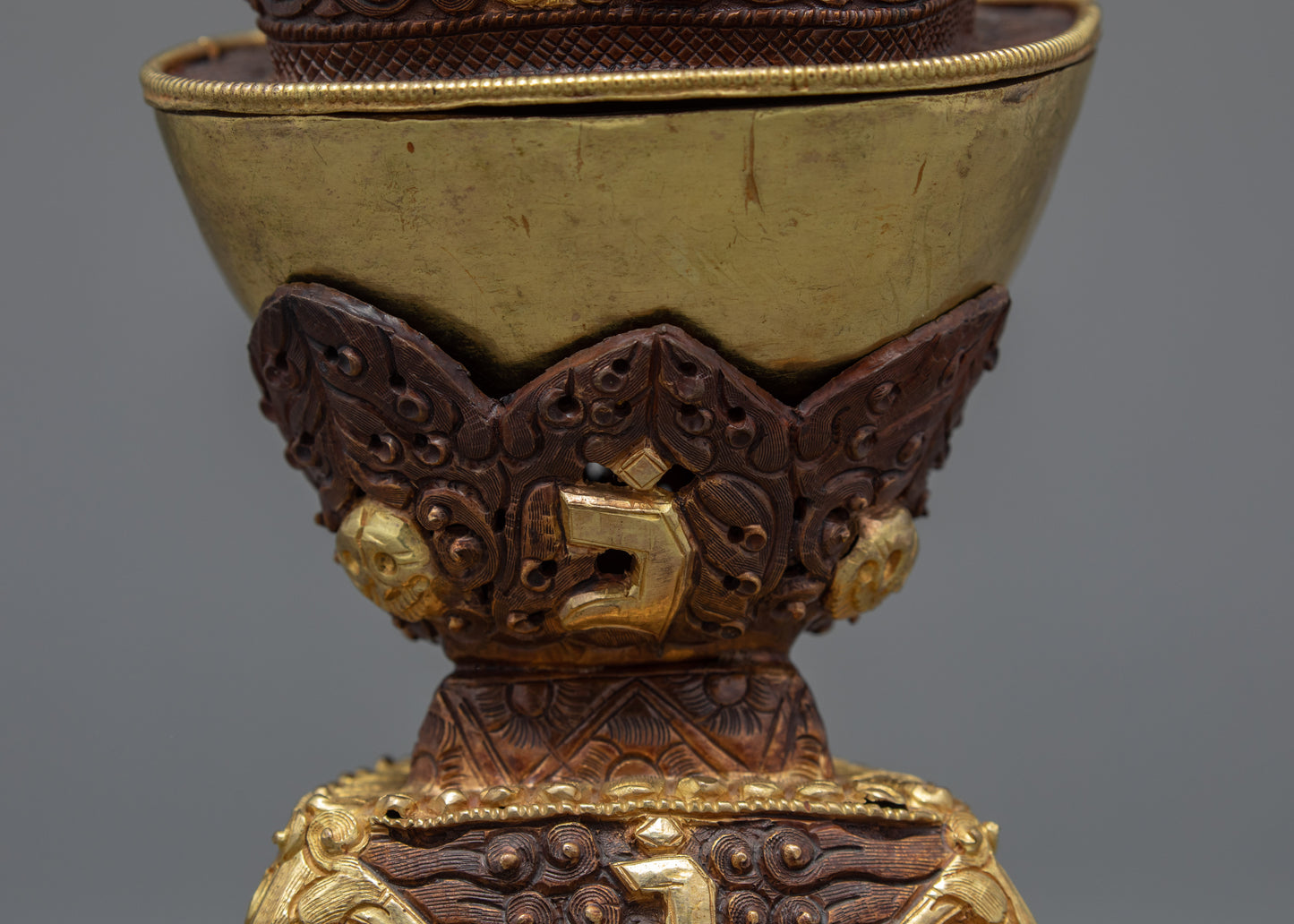 Buddhism Ritual Gold-Plated Kapala Set | Tibetan Vintage Art Skull Cup | Ritual Item for Home Decor