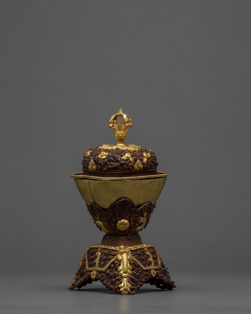 Buddhism Ritual Gold-Plated Kapala Set | Tibetan Vintage Art Skull Cup | Ritual Item for Home Decor