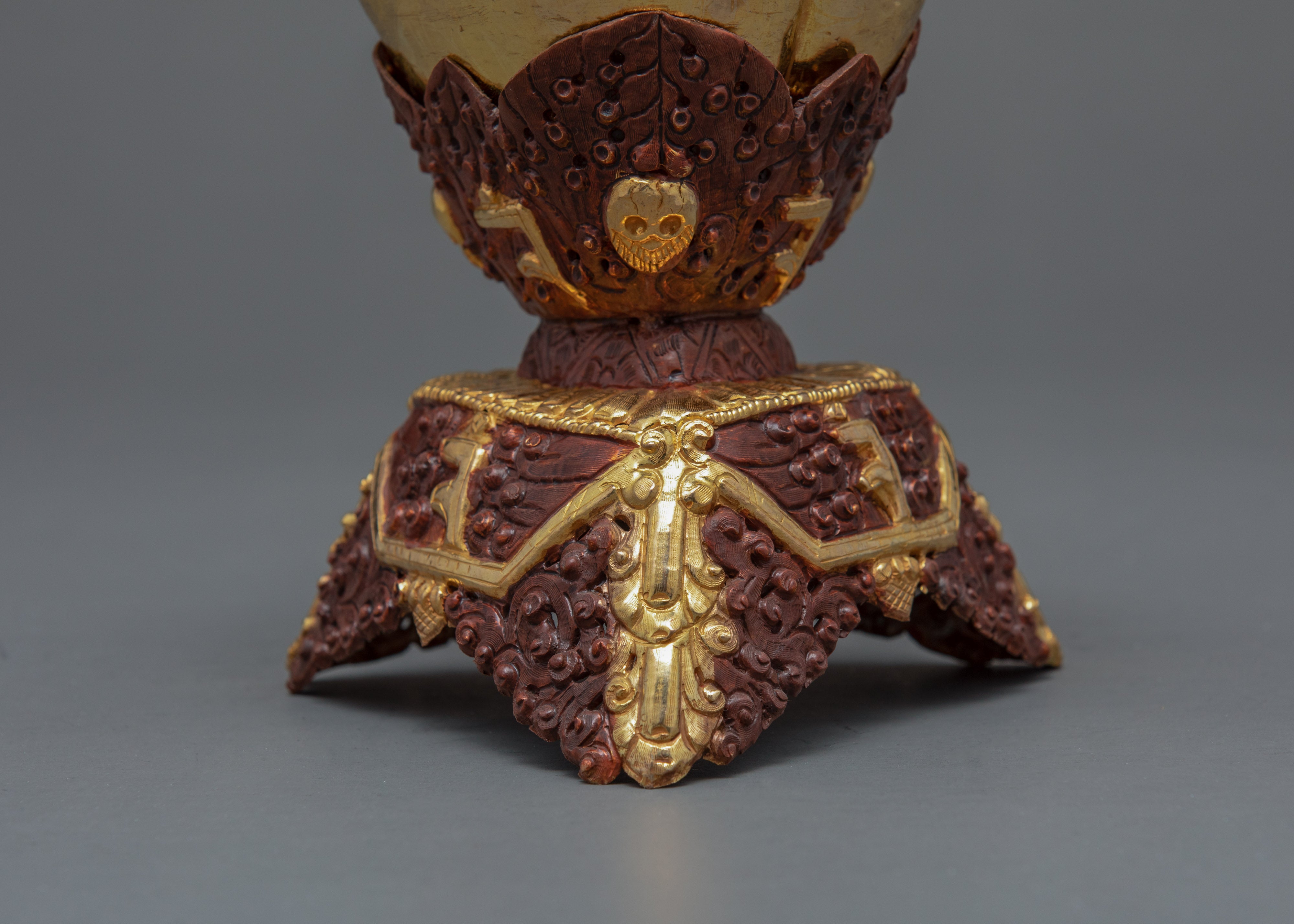 Gold Plated Kapala Skull Cup Set | Tibetan Ritual Offering for Ancient Practices
