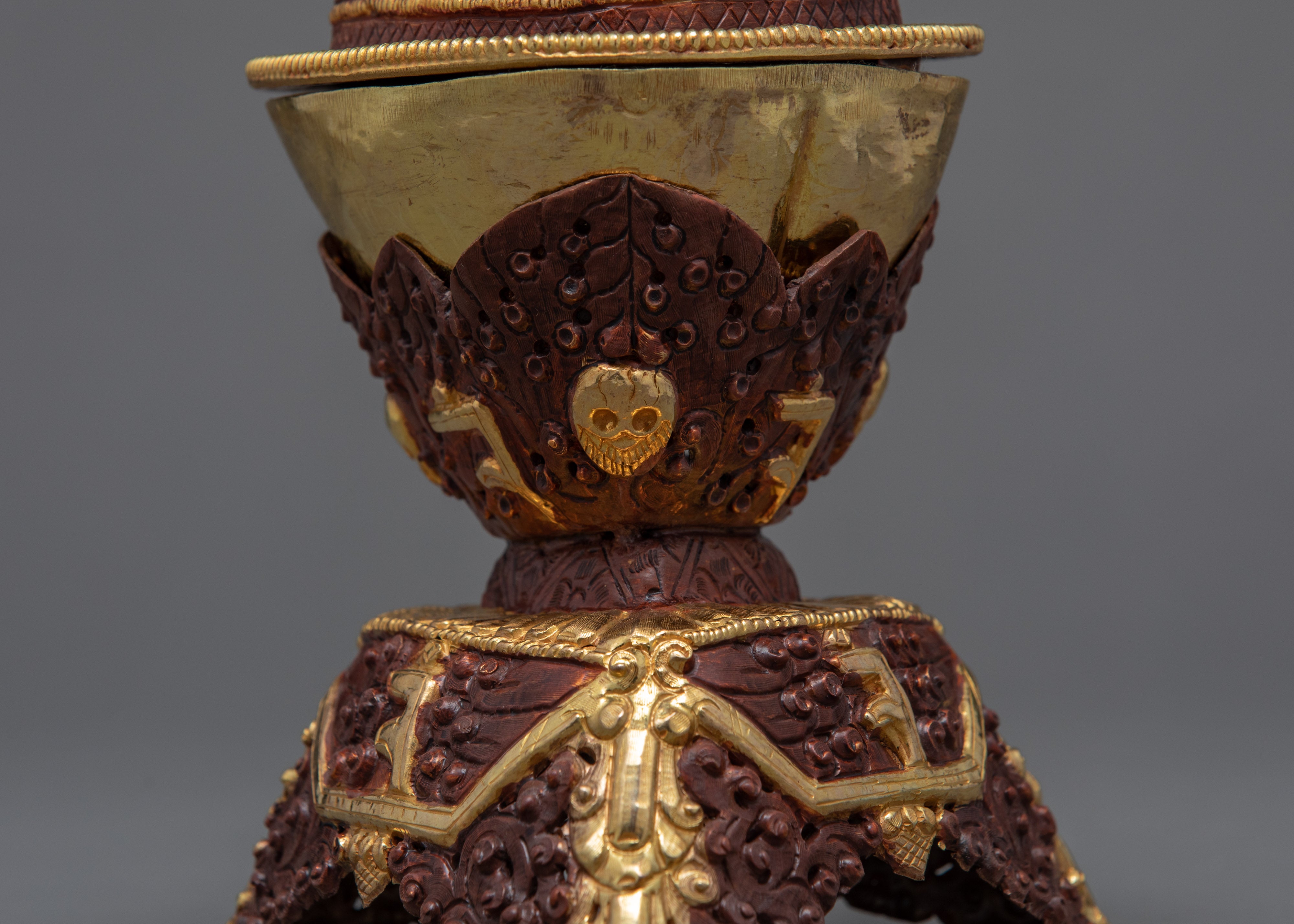 Gold Plated Kapala Skull Cup Set | Tibetan Ritual Offering for Ancient Practices