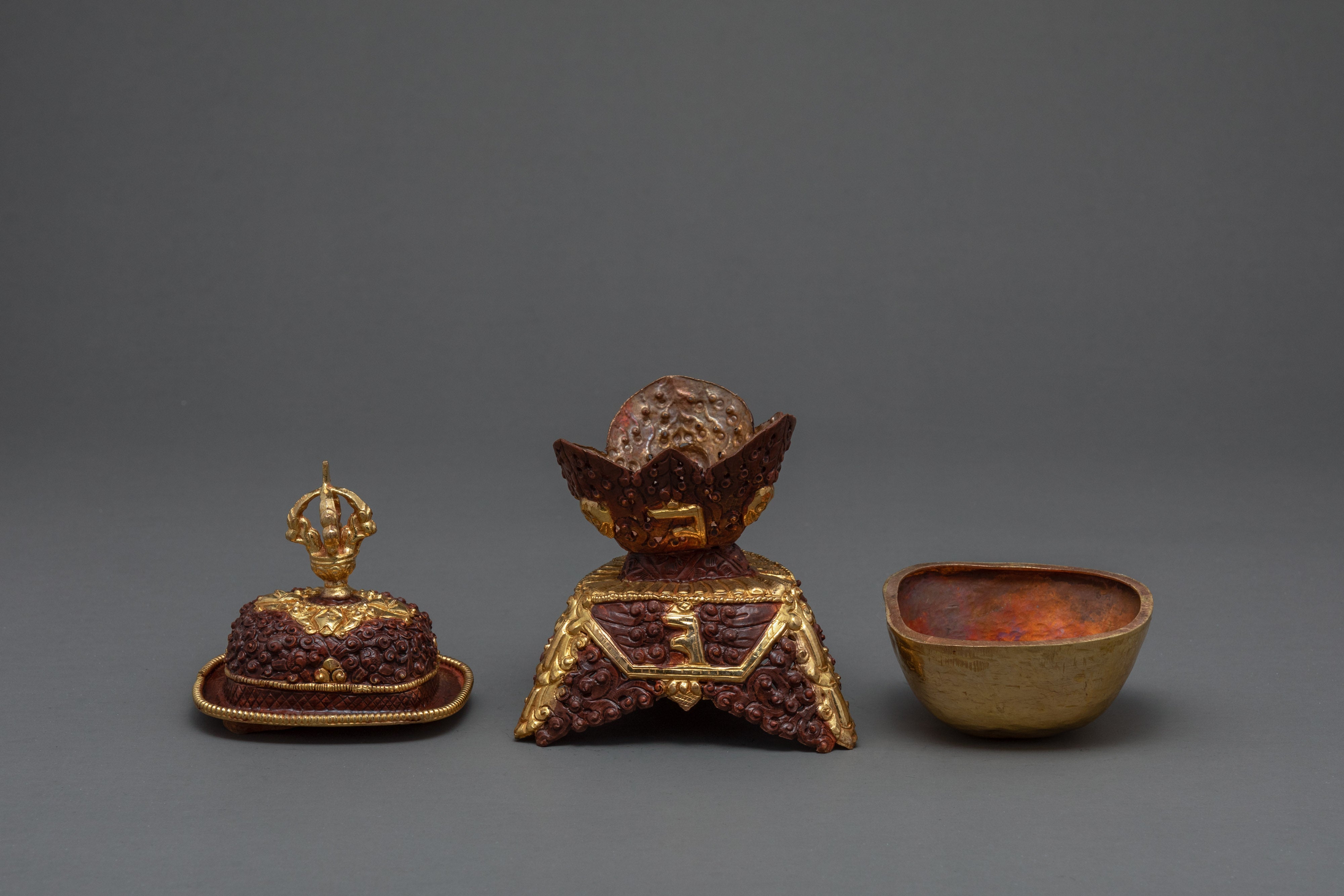 Gold Plated Kapala Skull Cup Set | Tibetan Ritual Offering for Ancient Practices