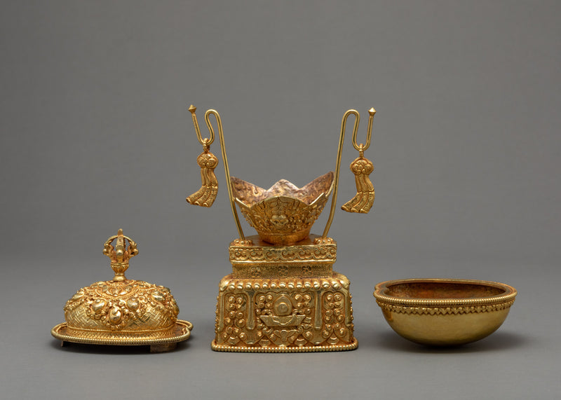 Fine Quality Kapala Set | Tantric Ritual Objects | Full Gold Skull Cup