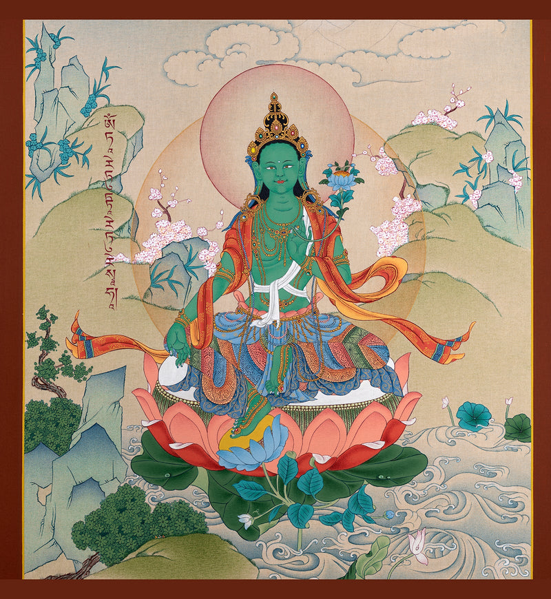 Green Tara Thangka | Tibetan Mother Tara | Natural Stone Colors and 24K Gold