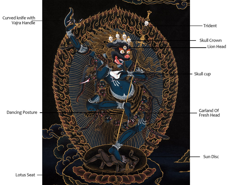 Singhamukha Thangka | Simhamukha | Lion Faced Dakini | Black And Gold Painted Tibetan Art