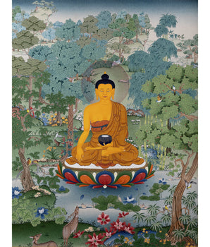 Shakyamuni, Buddha Thangka, Tibetan Buddha Thangka in Natural Stone Color, Original Painting