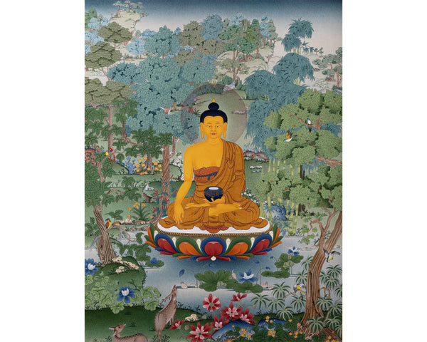 Shakyamuni, Buddha Thangka, Tibetan Buddha Thangka in Natural Stone Color, Original Painting