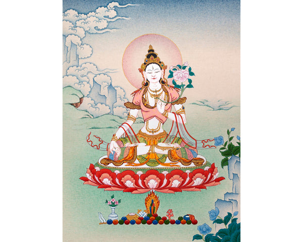 White Tara Thangka, Hand Painted Tara Painting, Tibetan Buddhist Art, Vajrayana painting