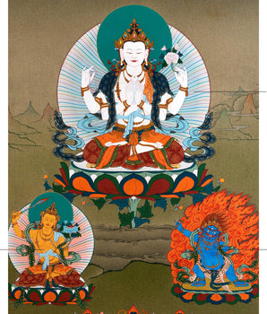 Chenrezig With Manjushri And Vajrapani | Bodhisattva Thangka