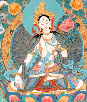 Hand-Painted White Thangka | Buddhist Tara Thangka