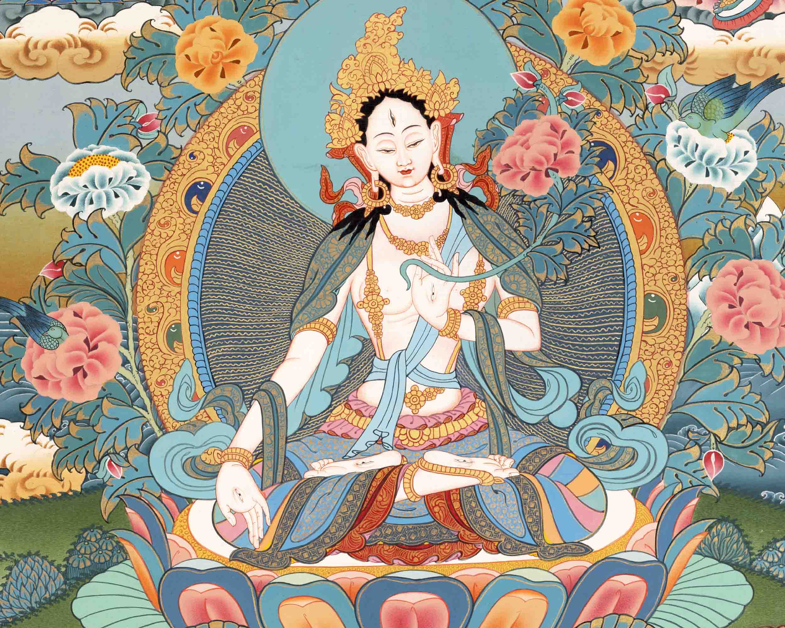 Hand-Painted White Thangka | Buddhist Tara Thangka