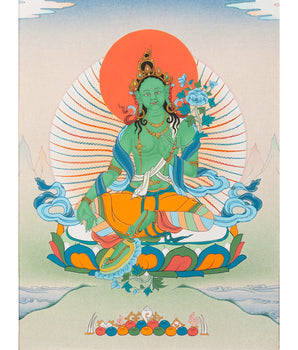 Green Tara | Himalayan Buddhist Thangka | Tibetan Painting (with Brocade)