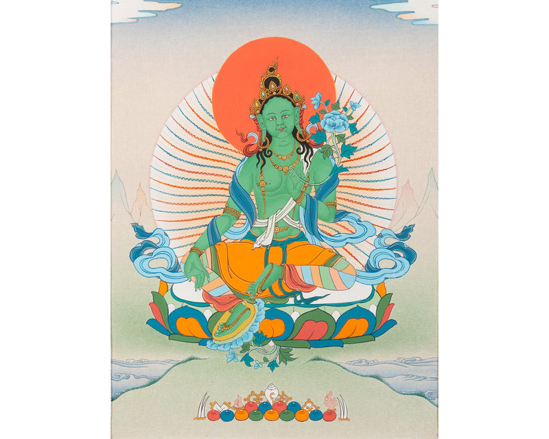 Green Tara | Himalayan Buddhist Thangka | Tibetan Painting (with Brocade)