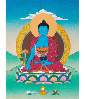 Medicine Buddha Thangka | Himalayan Buddhist Painting (with Brocade)