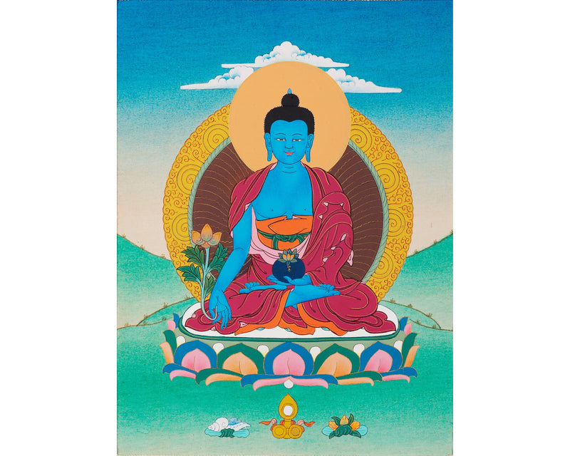 Medicine Buddha Thangka | Himalayan Buddhist Painting (with Brocade)